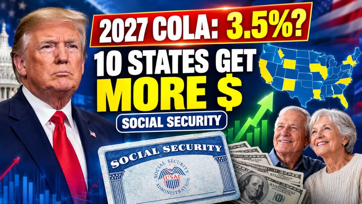 Trump beside a Social Security card, senior couple, U.S. map and financial graphics with text reading “2027 COLA: 3.5%?” and “10 STATES GET MORE $.”