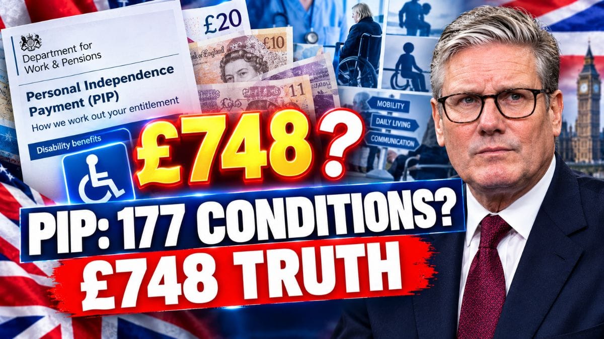 Keir Starmer beside a PIP and DWP benefits document, £748 graphic, disability symbol, UK currency and headline about 177 conditions.