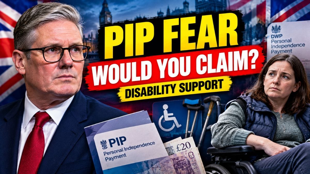 Keir Starmer beside a disabled British woman in a wheelchair with PIP documents, mobility equipment and the headline “PIP FEAR WOULD YOU CLAIM?”
