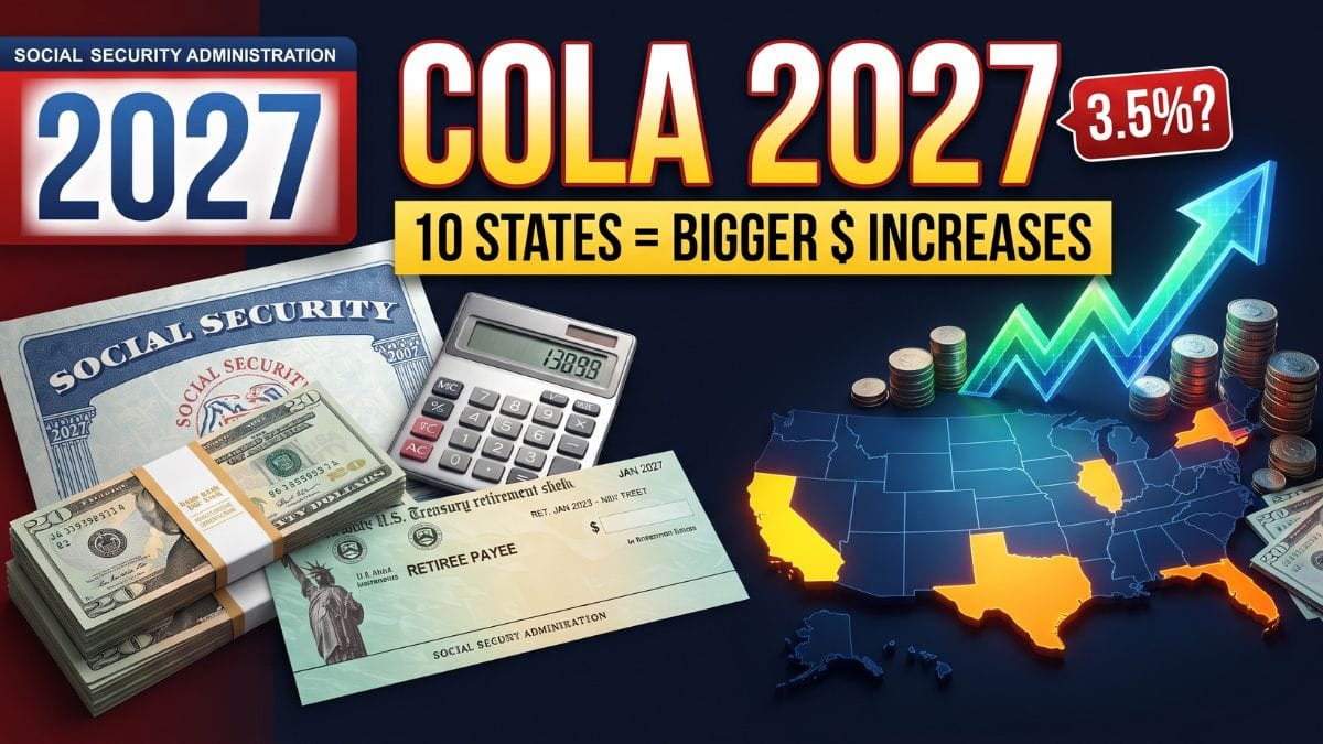Social Security COLA 2027 graphic showing a potential 3.5% increase, bigger benefit increases in 10 states, Social Security payments, cash, calculator, and a highlighted U.S. map.