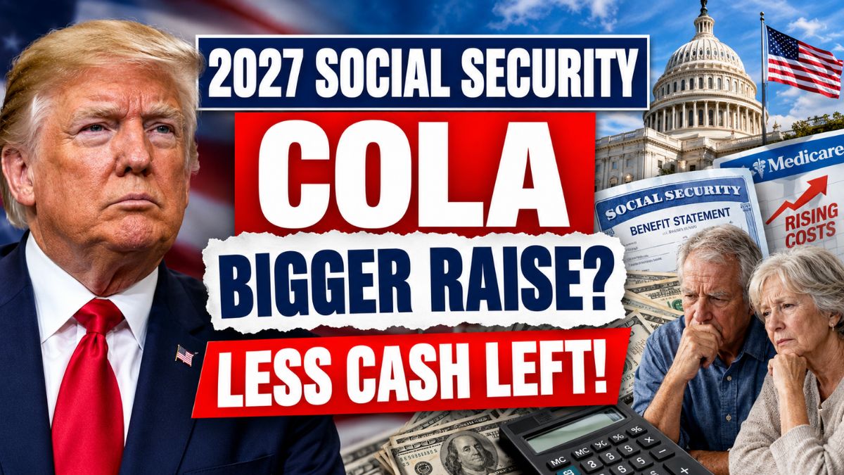 Donald Trump beside a 2027 Social Security COLA headline, with the U.S. Capitol, benefit statement, dollar bills, calculator, and concerned retired couple illustrating rising costs and retirement benefits.