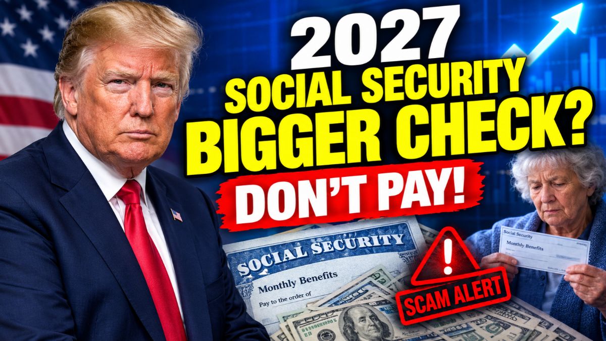 Donald Trump beside a 2027 Social Security benefits headline with “Bigger Check?” and “Don’t Pay!” warnings, highlighting potential payment scams targeting beneficiaries.