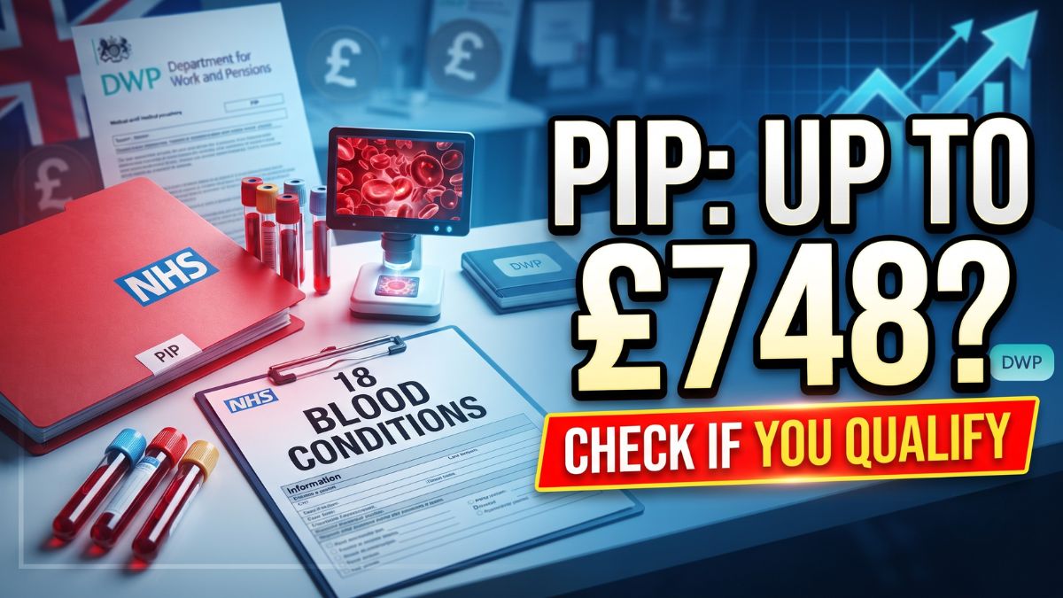 A financial news thumbnail featuring a desk with DWP and NHS documents, blood vials, and a microscope, alongside bold text stating "PIP: UP TO £748? CHECK IF YOU QUALIFY".