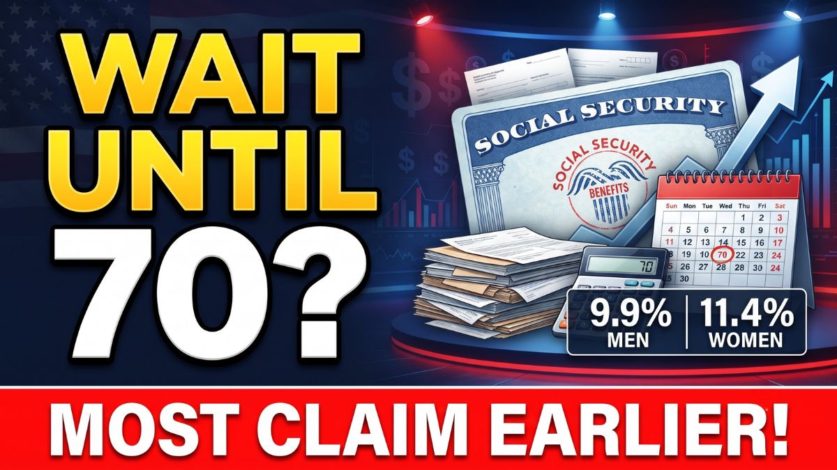 YouTube financial news thumbnail featuring bold text reading "WAIT UNTIL 70?", a Social Security benefits card, calculator, calendar highlighted on 70, statistical comparisons of men and women claiming trends, and a red bottom banner stating "MOST CLAIM EARLIER!"