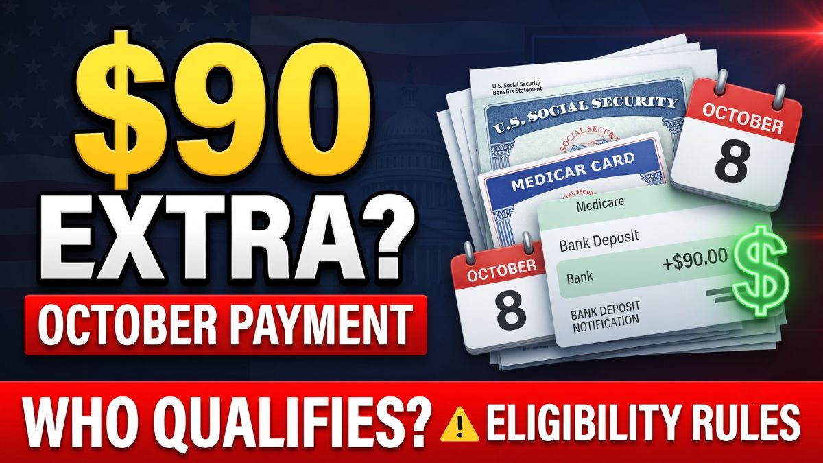 Thumbnail graphic with large text "$90 EXTRA?" and "OCTOBER PAYMENT" next to a stack of US Social Security documents and calendars marked October 8.