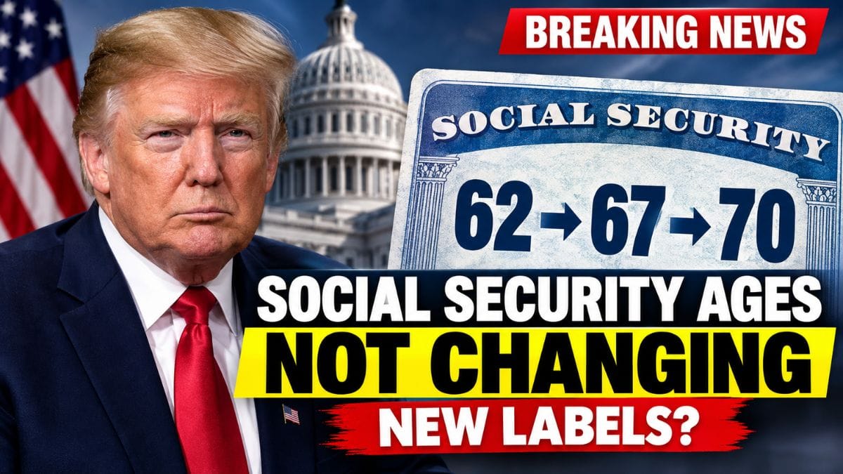 Donald Trump with Social Security graphic showing 62, 67 and 70 retirement claiming ages and new labels