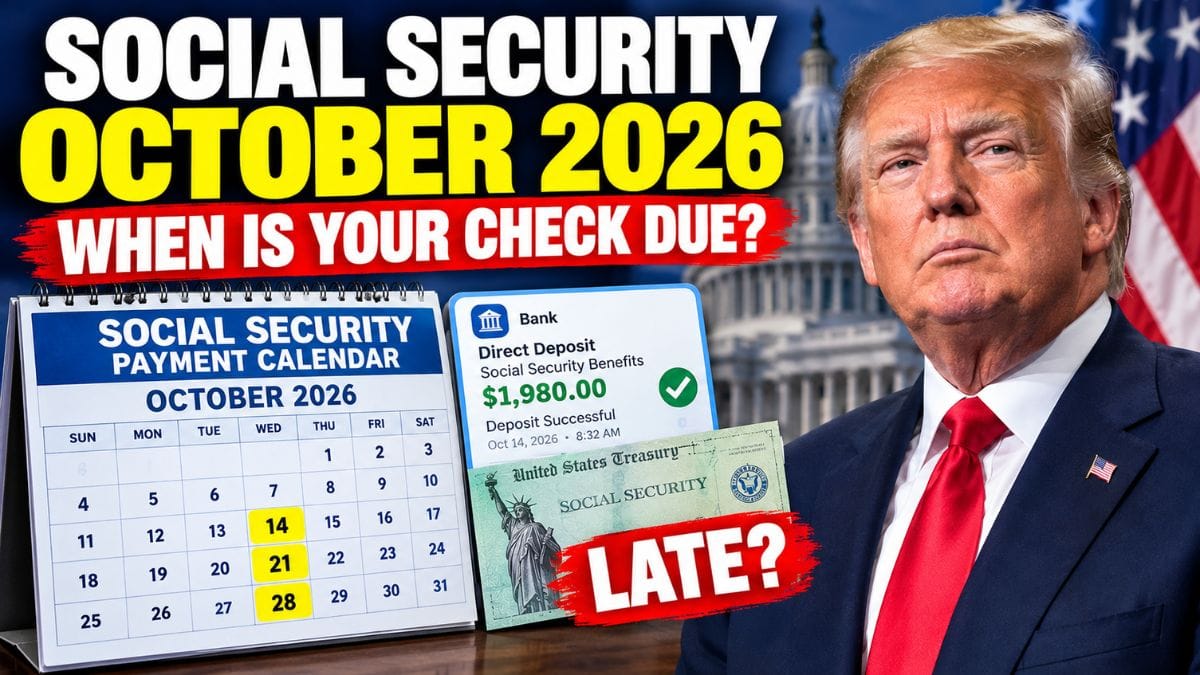 Donald Trump with an October 2026 Social Security payment calendar highlighting October 14, 21, and 28