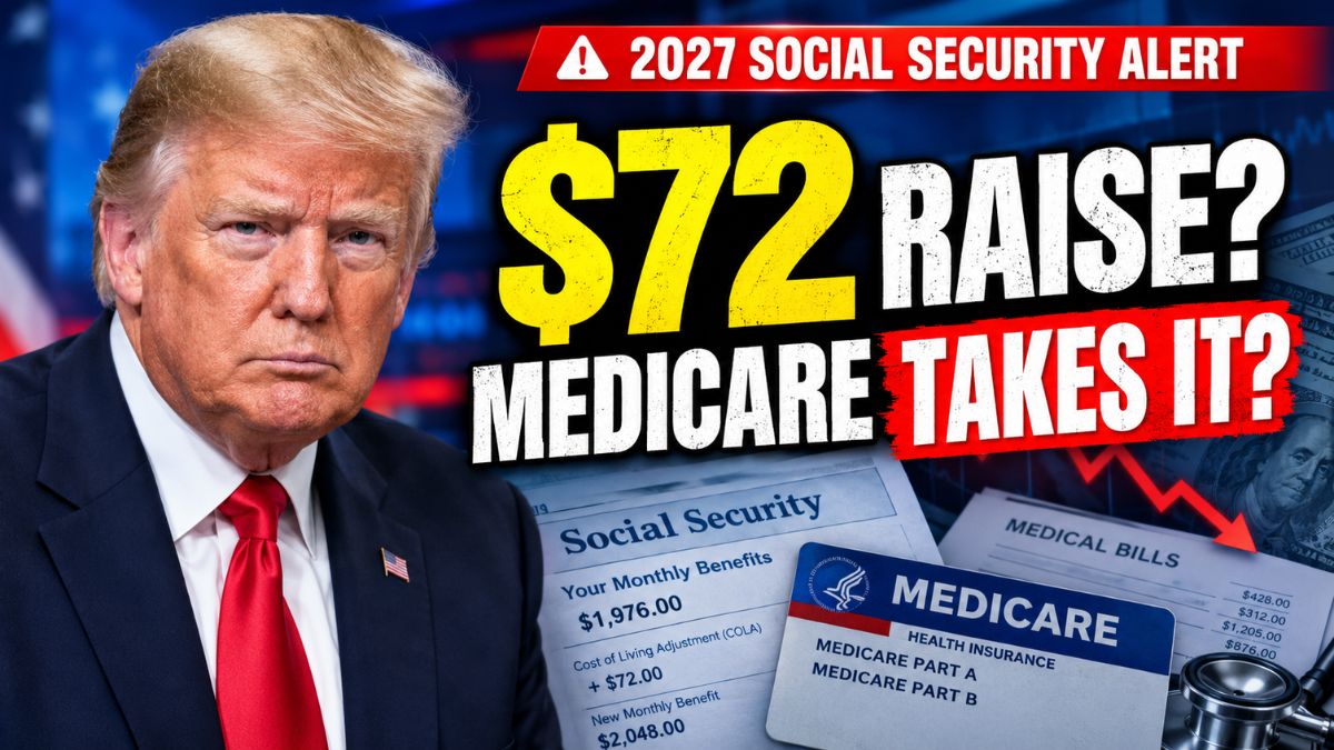 Donald Trump beside a headline reading “$72 Raise? Medicare Takes It?” about the projected 2027 Social Security cost-of-living adjustment and rising Medicare expenses.