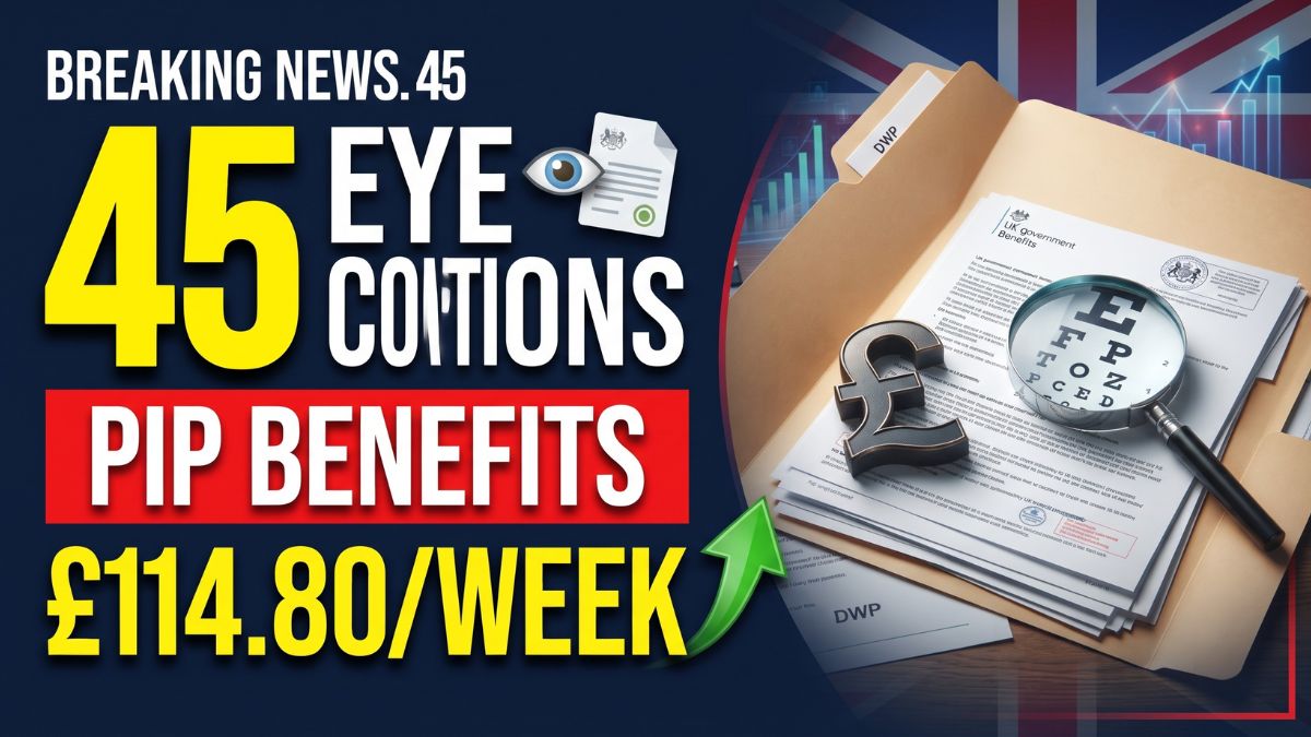 Official DWP folder with UK government paperwork, a magnifying glass over an eye chart, and bold text showing PIP benefits of £114.80 a week for 45 eye conditions.